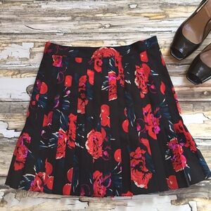 DKNY Black Floral Pleated Skirt with Red and Pink Accents
